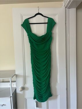 Draped Ruched Green Midi Dress